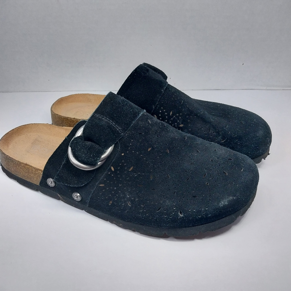 Earth Dark Suede Clogs With Silver Buckle